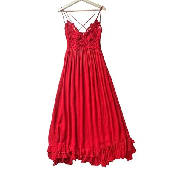 Free People | Dresses | Free People Adella Maxi Slip Dress Bright Red Size  Medium Crochet Ruffle Strappy | Poshmark